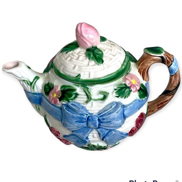 VTG 1985 Haldon Japanese Majolica Ceramic Ribbon Basketweave Teapot 3 Piece Set - Picture 3 of 16